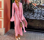 Deep V-Neck Bell Sleeve Scarf Tie Pleated Maxi Dress