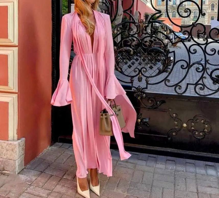 Deep V-Neck Bell Sleeve Scarf Tie Pleated Maxi Dress