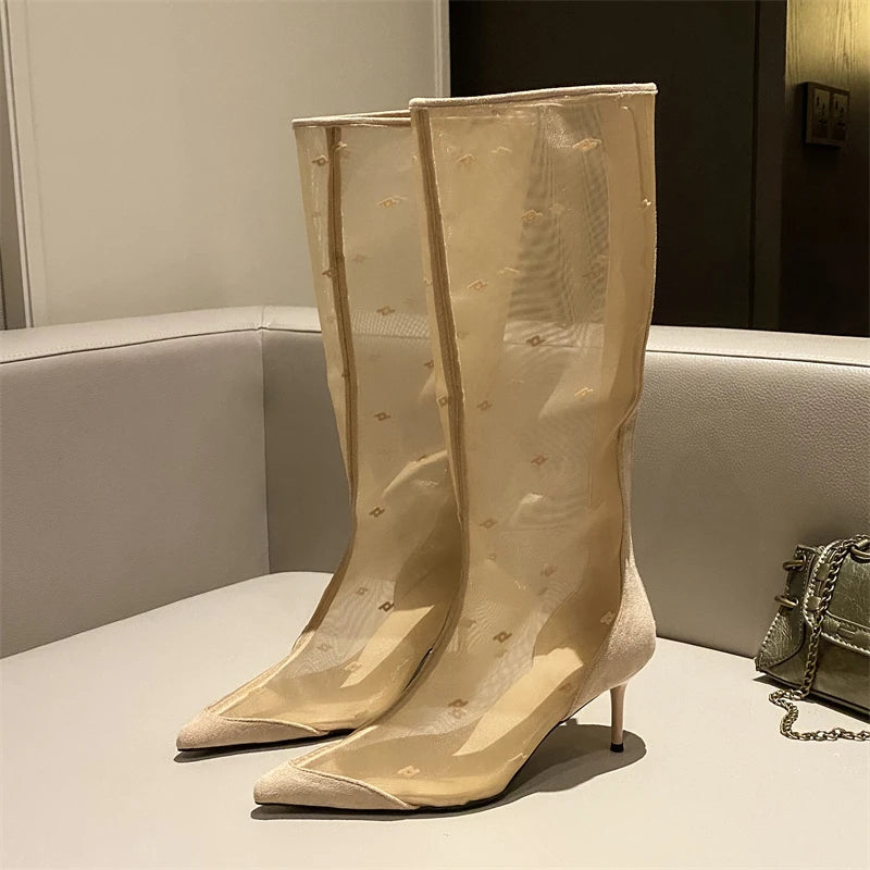 Mesh Knee-High Boots with Thin Heels and Pointed Toe Zipper Sandals