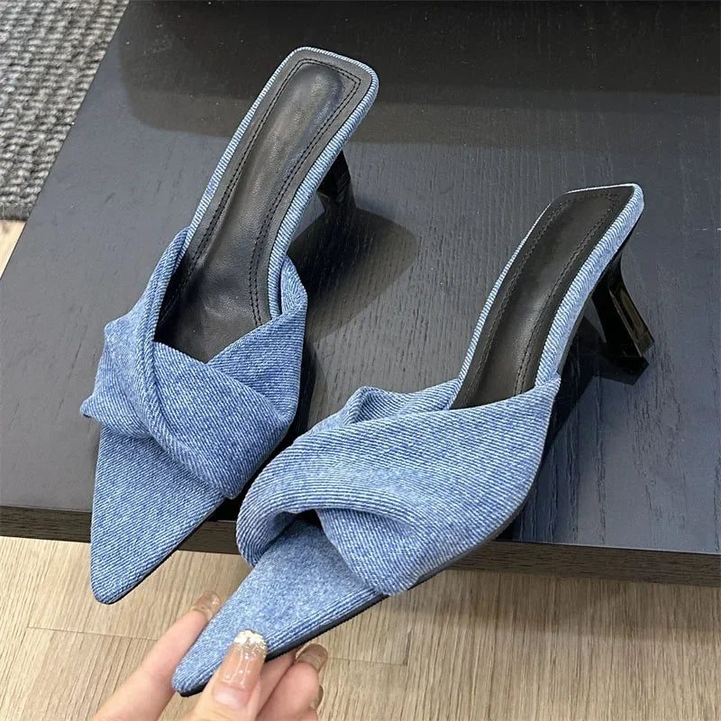 Elegant Pleated Pointed Toe Women Slippers with Thin Low Heels