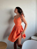 Tie Shoulder Bow Backless V-Neck Pleated Mini Dress