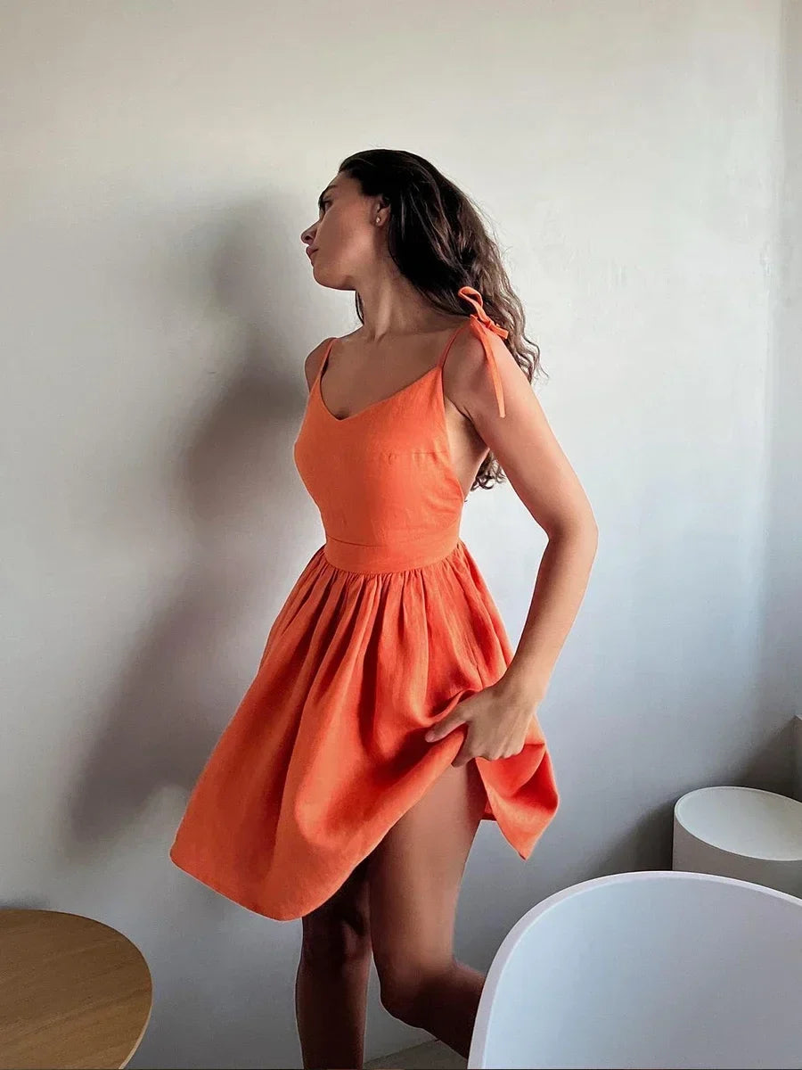 Tie Shoulder Bow Backless V-Neck Pleated Mini Dress