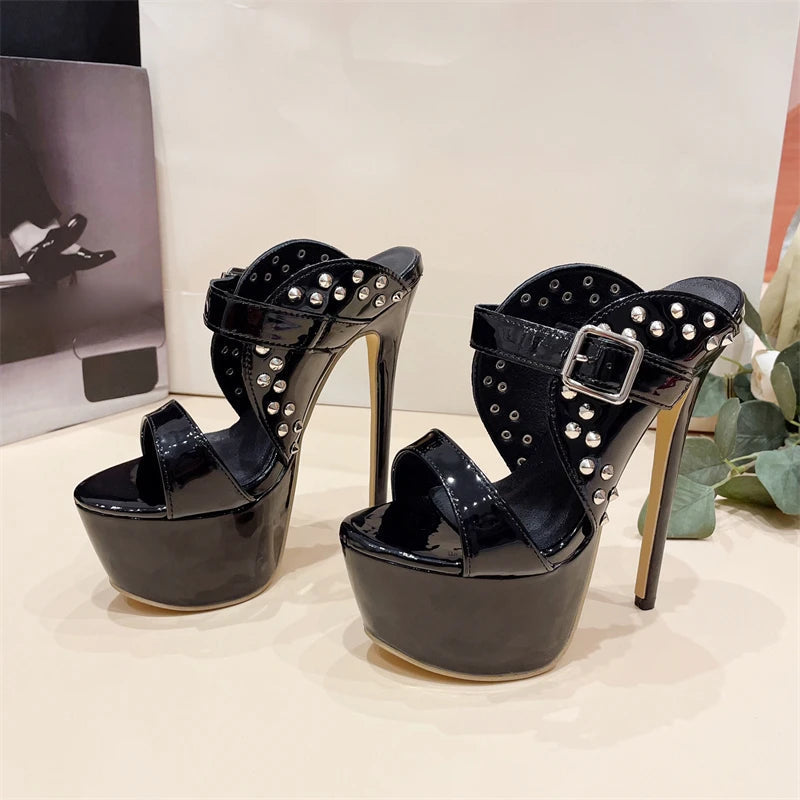 Rivet Platform Peep Toe Women Slippers with Thin Heels - Fashionable Female Sandals for Summer