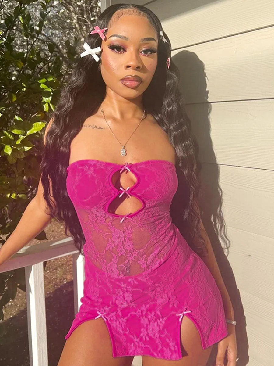 Strapless Keyhole Bow Front Dual Slit Bodycon Mini Dress