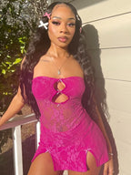 Strapless Keyhole Bow Front Dual Slit Bodycon Mini Dress
