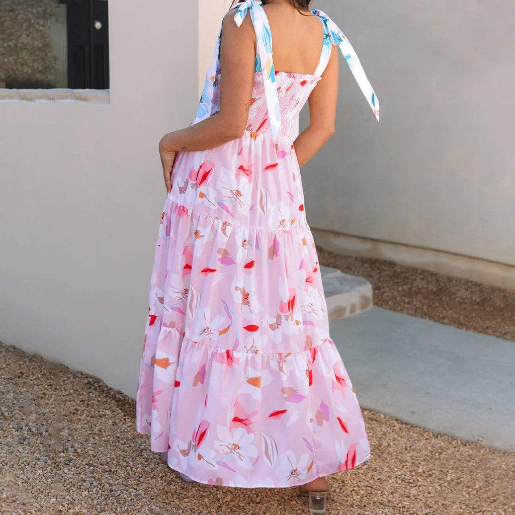 Smocked Square Neck Tie Strap Tiered Floral Maxi Dress