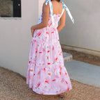 Smocked Square Neck Tie Strap Tiered Floral Maxi Dress