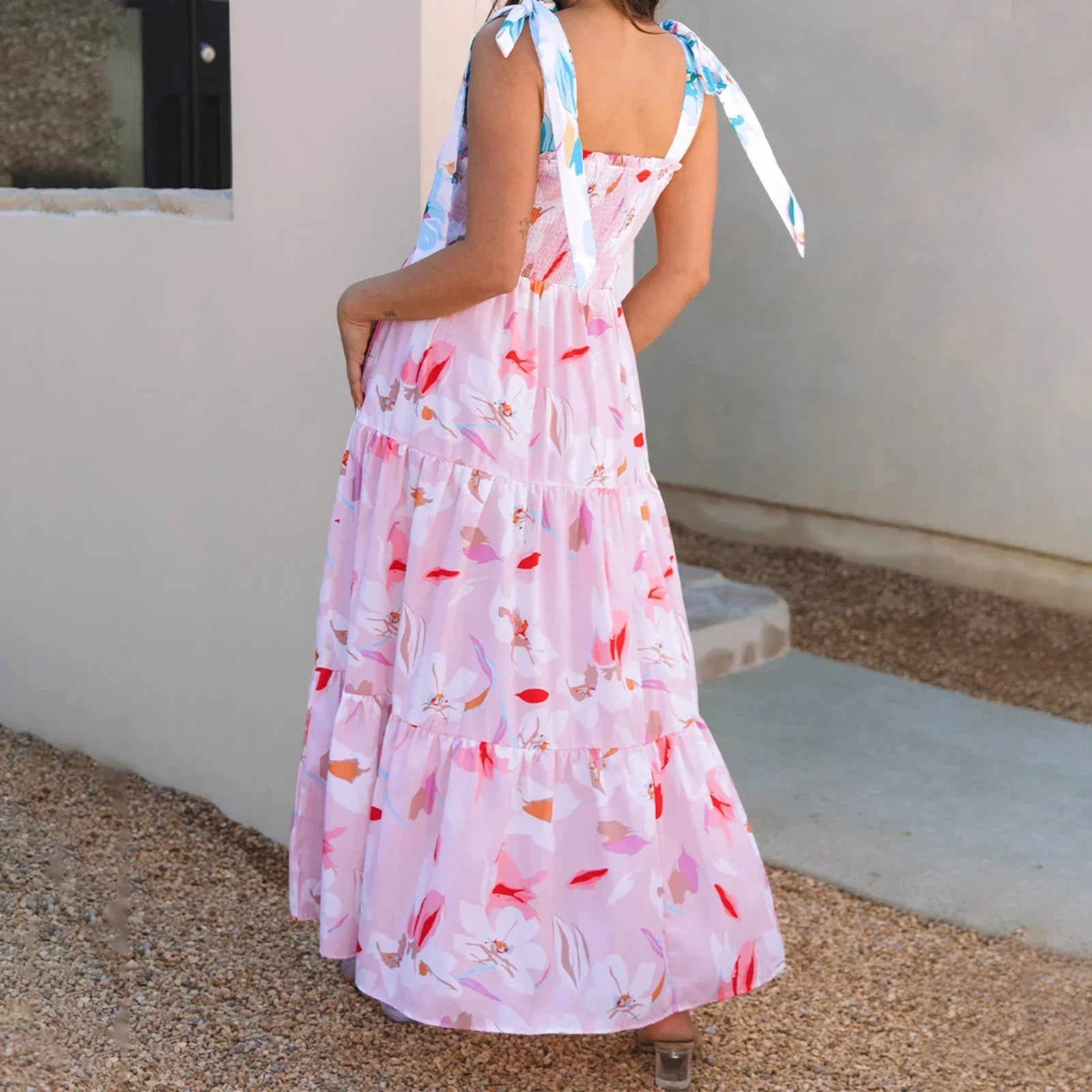 Smocked Square Neck Tie Strap Tiered Floral Maxi Dress