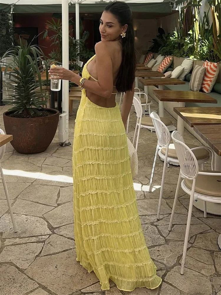 Plissé Halter Neck Tiered Lace Trim Bodycon Maxi Dress