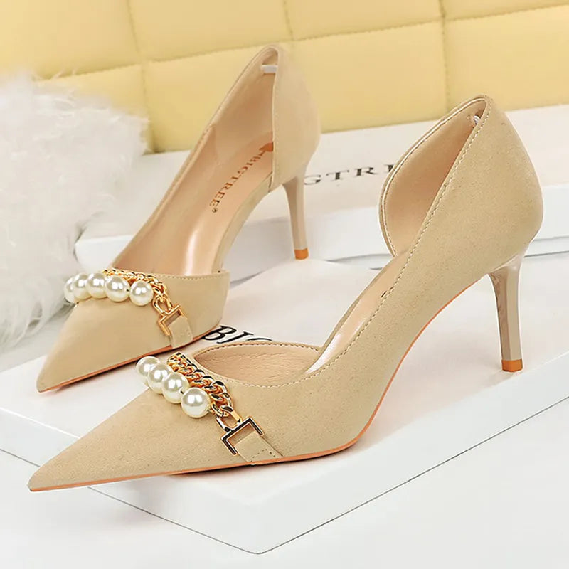 Spring Pearl Metal Chain High-heels Checked Grain Stilettos Women