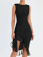 Boat Neck Ruched Mesh Asymmetric Ruffle Hem Bodycon Midi Dress