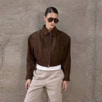 Elegant Camel Cropped Suede Jacket Women Lapel Full Sleeve Pocket Zipper Short Coat New Causal Autumn Lady Daily Streetwear 2025