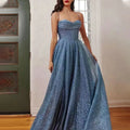 Spaghetti Strap Sweetheart Draped Corset Glitter High Split Maxi Gown