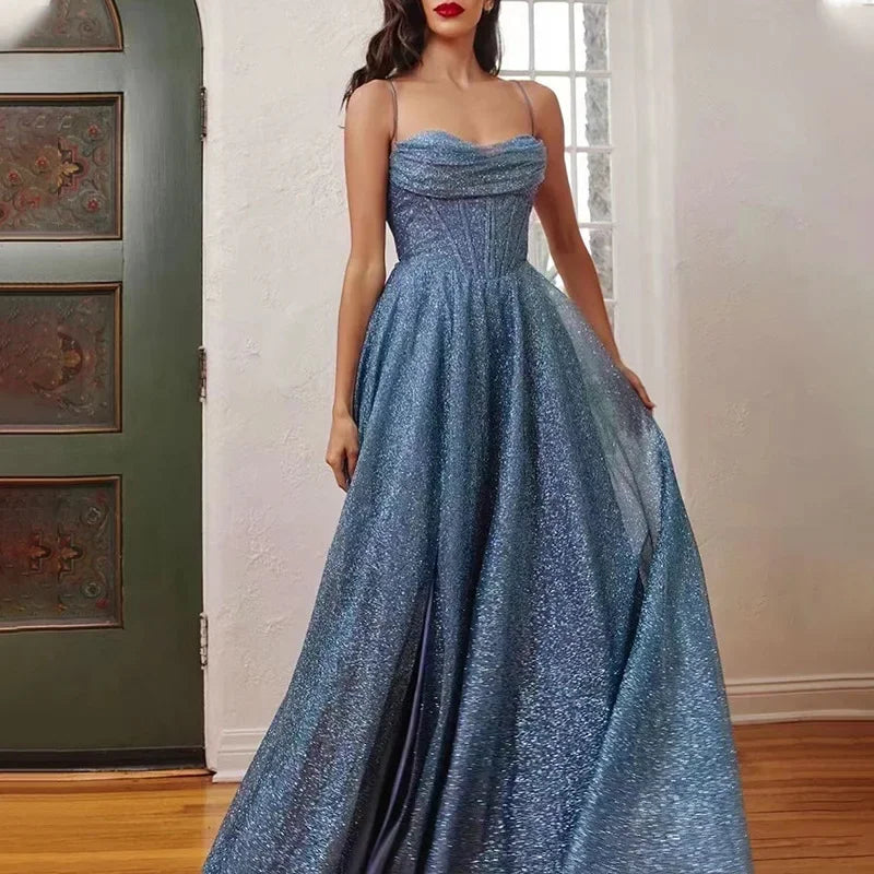 Spaghetti Strap Sweetheart Draped Corset Glitter High Split Maxi Gown
