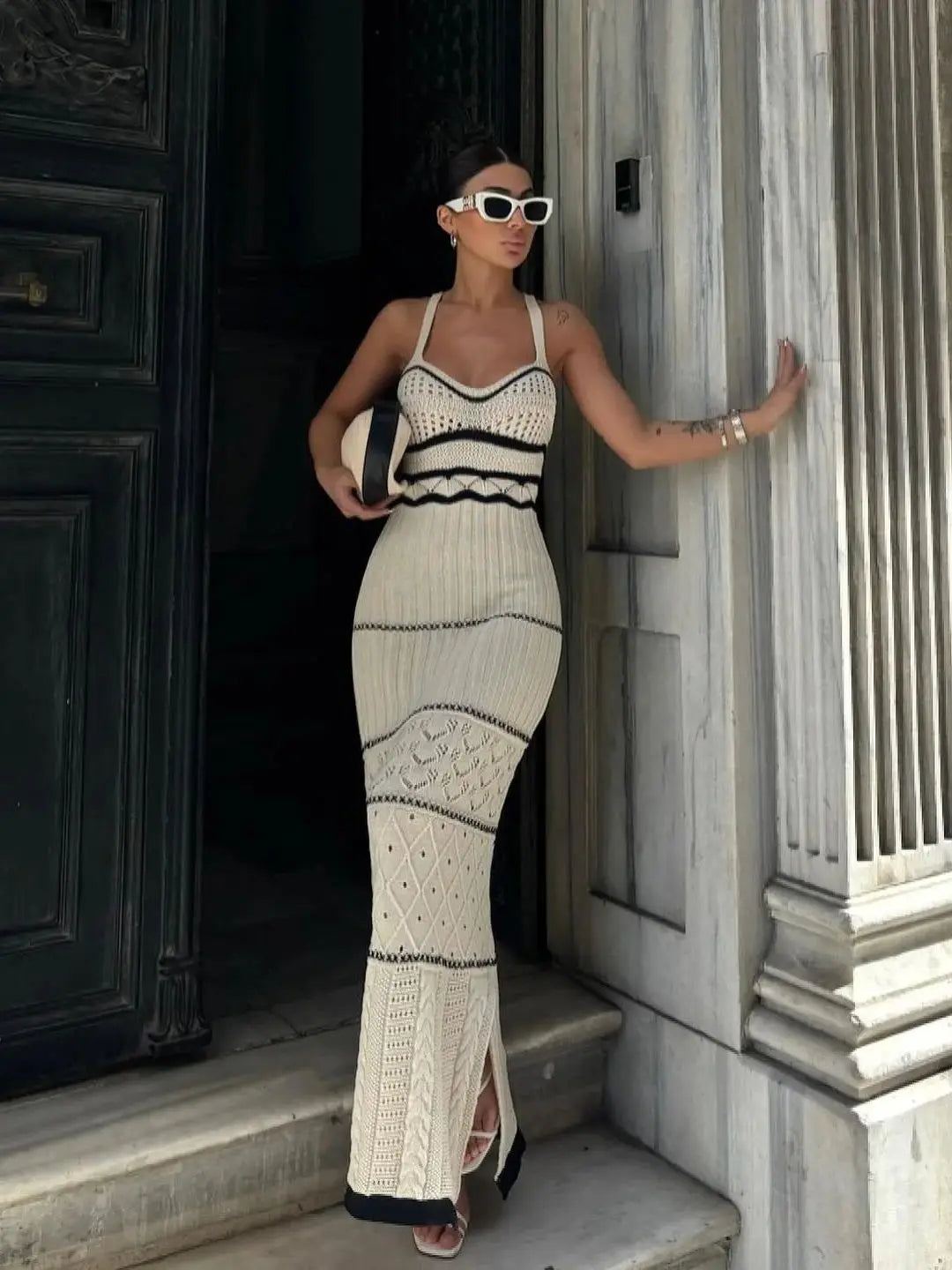 Striped Knit Scoop Neck Open Crochet Panel Midi Dress
