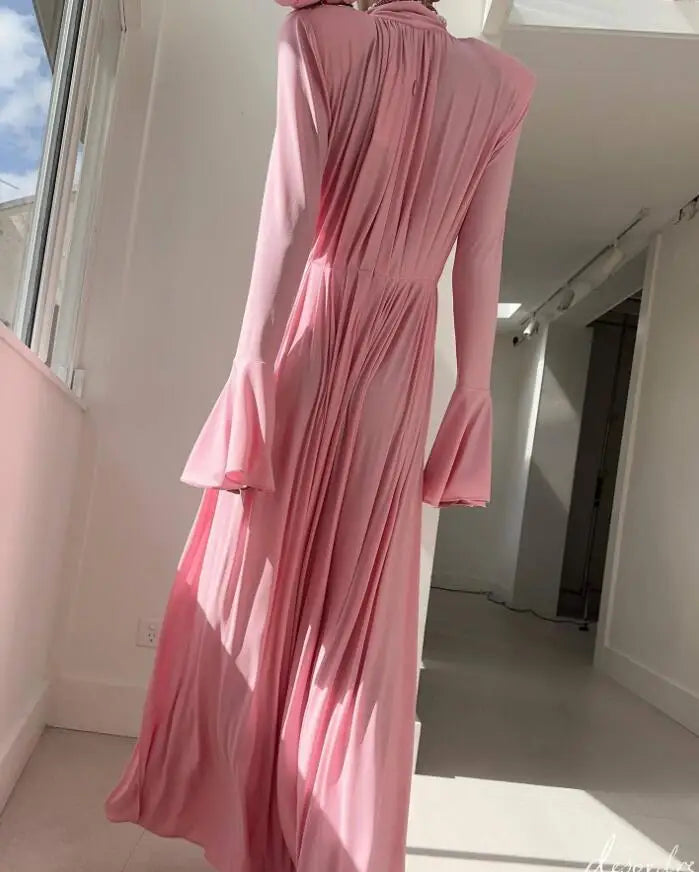 Deep V-Neck Bell Sleeve Scarf Tie Pleated Maxi Dress