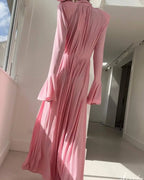 Deep V-Neck Bell Sleeve Scarf Tie Pleated Maxi Dress