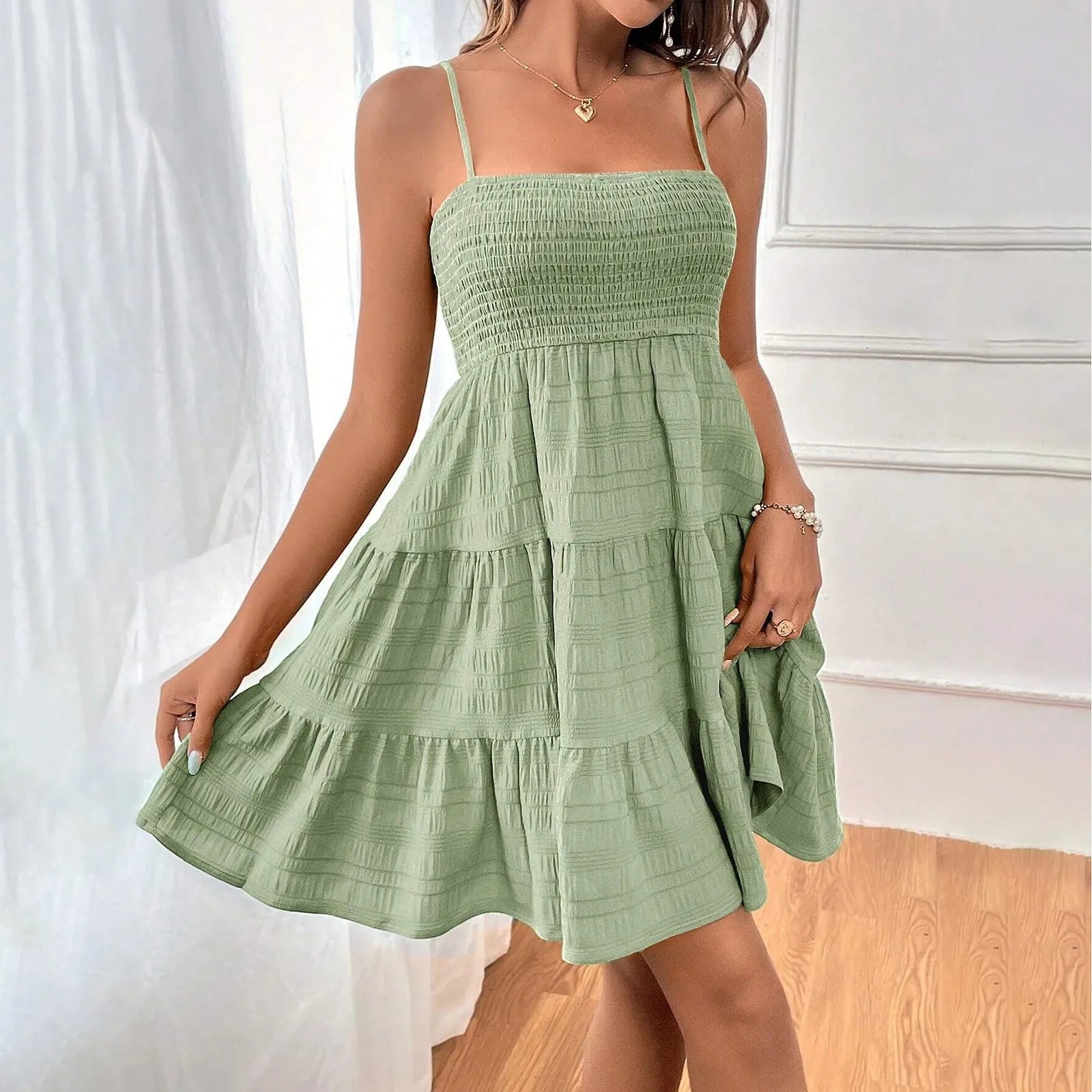Smocked Square Neck Spaghetti Strap Tiered Ruffle Hem Mini Dress