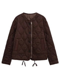 Casual Quilted Padded Jackets Women's Faionable Loose Round Neck Long Sleeve Zipper Cropped Length Outerwear Winter New