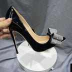 Black Patent Pointy Toe High Heel Shoes with Glitter Diamante Bow for Women