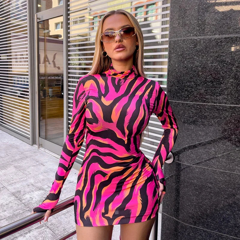 Zebra Stripe Mock Neck Thumbhole Long Sleeve Bodycon Mini Dress