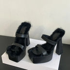 Chunky High Heels Platform Slippers Cozy Short Plush Square Toe Sandals for Summer