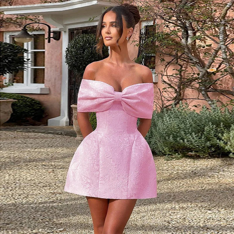 Off Shoulder Oversized Bow Jacquard Fit and Flare Mini Dress