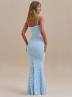 Floral Lace Sweetheart Bustier Spaghetti Strap Mermaid Maxi Gown