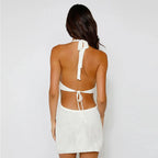 Crochet Knit Halter Neck Deep V-Neck Hollow Out Tie Front Bodycon Mini Dress