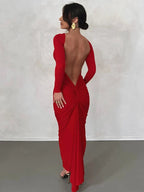 Long Sleeve Plunging Open Back Ruched Bodycon Maxi Dress