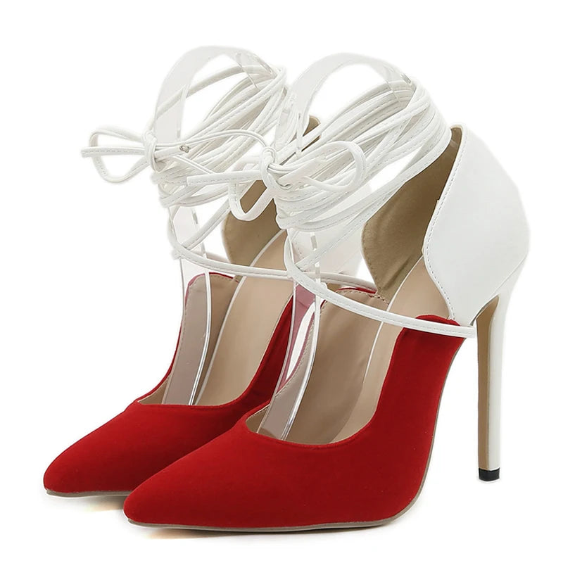 White Red Mixed Color Women Pumps with Sexy Pointed Toe and Strappy Heels