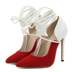 White Red Mixed Color Women Pumps with Sexy Pointed Toe and Strappy Heels