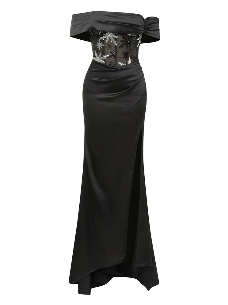 Liora Off Shoulder Satin Gown Dress with Sequin Patchwork