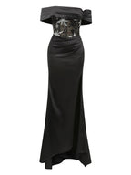 Liora Off Shoulder Satin Gown Dress with Sequin Patchwork