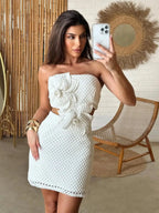 Honeycomb Knit 3D Flower Applique Waist Cut Out Strapless Mini Dress