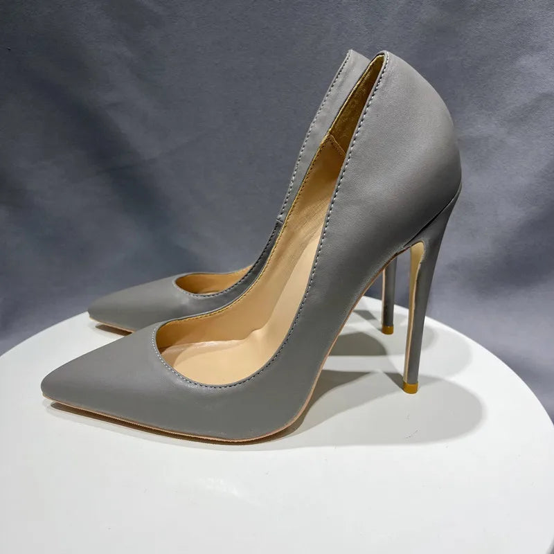 Grey Leather Soft Female Stiletto High Heel Shoes 10Cm Pointy Toe