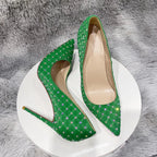 Green Flock Fabric Plaid Pointy Toe High Heel Shoes with Rhinestones for Women
