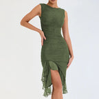 Round Neck Sleeveless Ruched Mesh Ruffle Trim Thigh Slit Midi Dress
