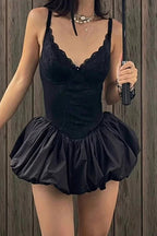 V-Neck Lace Patchwork Sleeveless Mini Dress with High Waist Slim Fit