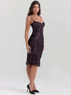 Floral Lace Bustier Spaghetti Strap Scalloped Hem Bodycon Midi Dress