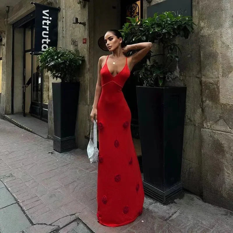Spaghetti Strap 3D Floral Applique Knit Maxi Dress
