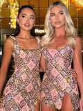 Sequin Diamond Pattern Square Neck Tank Strap Bodycon Mini Dress