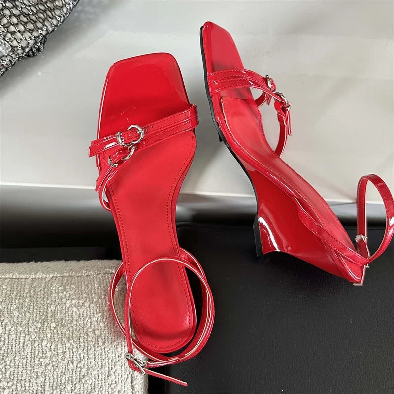 Square Toe Ankle Buckle Strap Wedge Sandals Rome Style High Heels