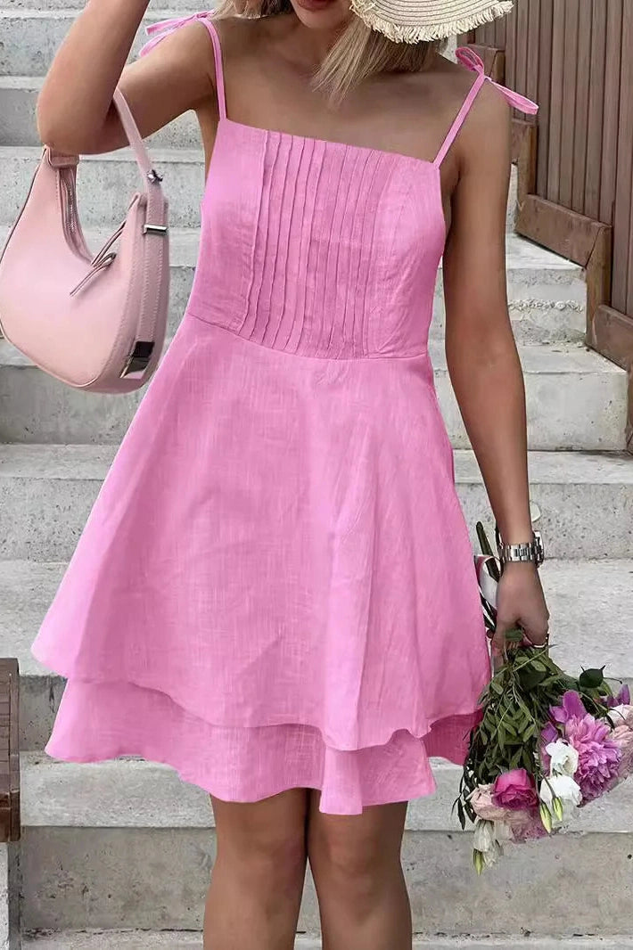 Lace Up Backless A-Line Patchwork Mini Dress with Square Collar