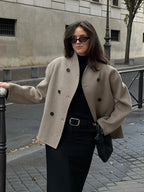 Elegant Wool Women's Coats Loose Casual Double Breasted Stand Collar Short Jacket 2024 Fall Winter Coat Female Commute Outerwear