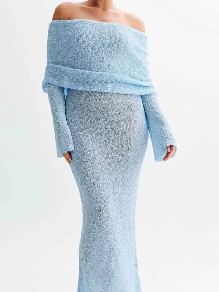 Off Shoulder Textured Knit Bell Sleeve Ruched Collar Bodycon Mini Dress