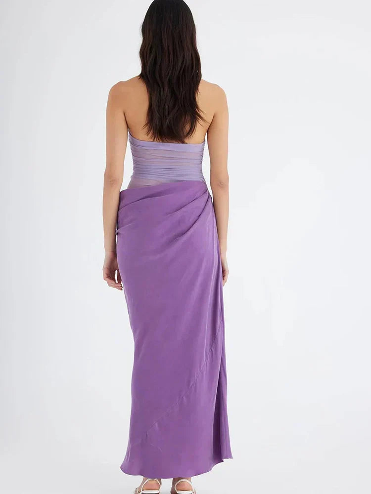 Halter Neck Mesh Ruched Sarong Wrap Drape Maxi Dress