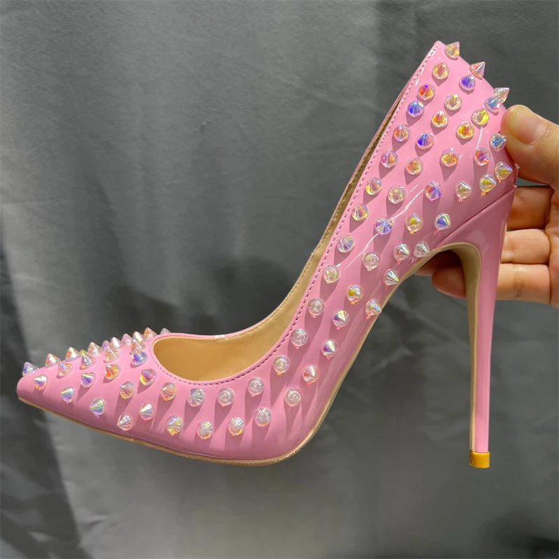 Pink Patent Pointy Toe High Heels Shoes with Crystal Spikes for Women