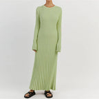Ribbed Knit Crew Neck Lettuce Hem Long Sleeve Maxi Dress