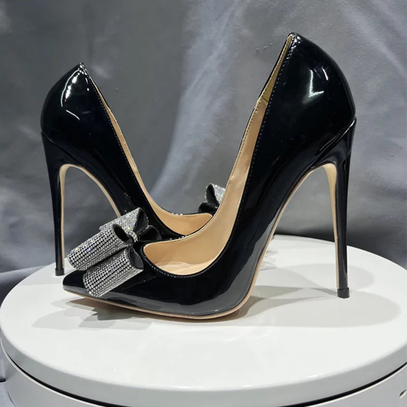 Black Patent Pointy Toe High Heel Shoes with Glitter Diamante Bow for Women